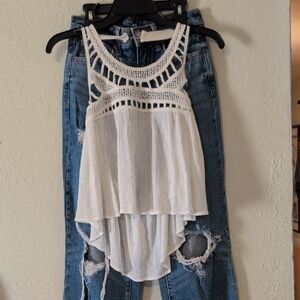 Tobi White Crochet Yoke High-Low Tank Top